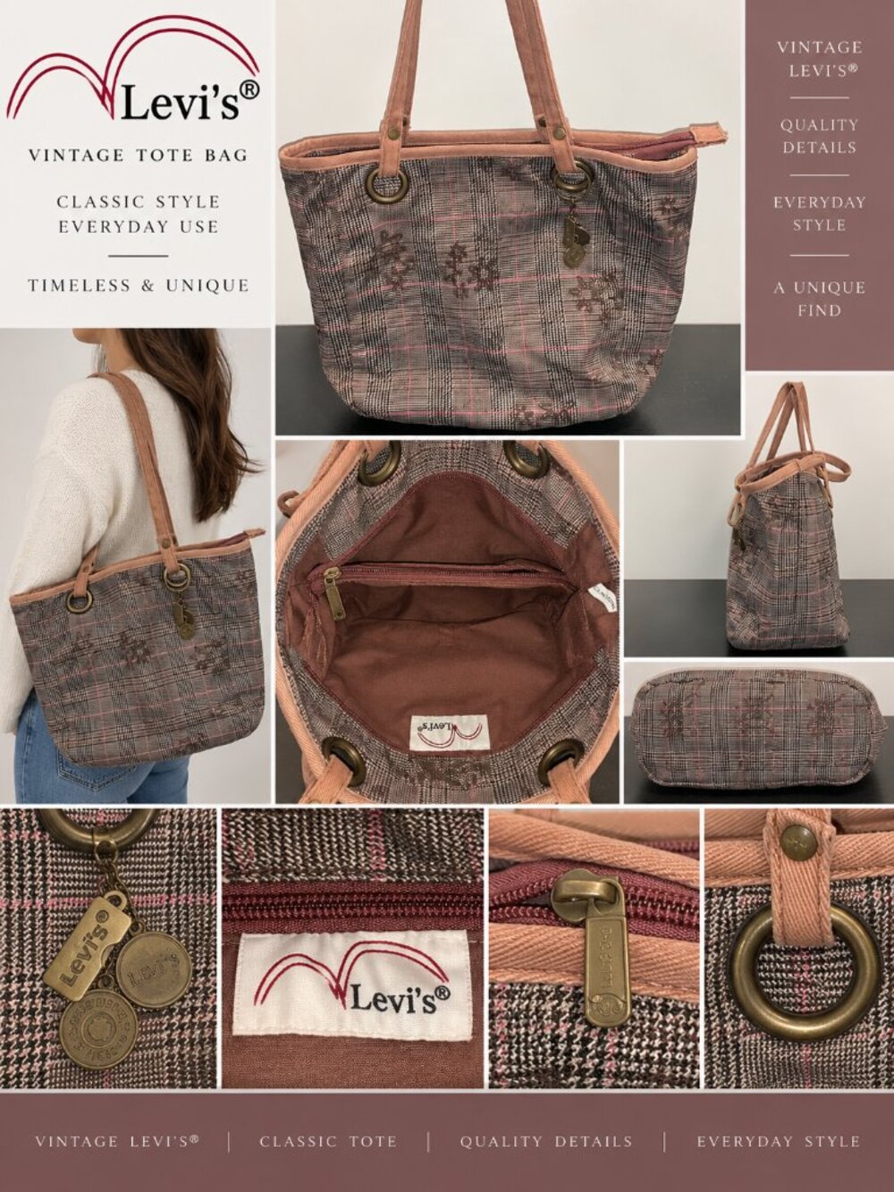 Vintage Levi’s Plaid Tote Bag Pink Brown Shoulder Purse Logo Charm Y2K